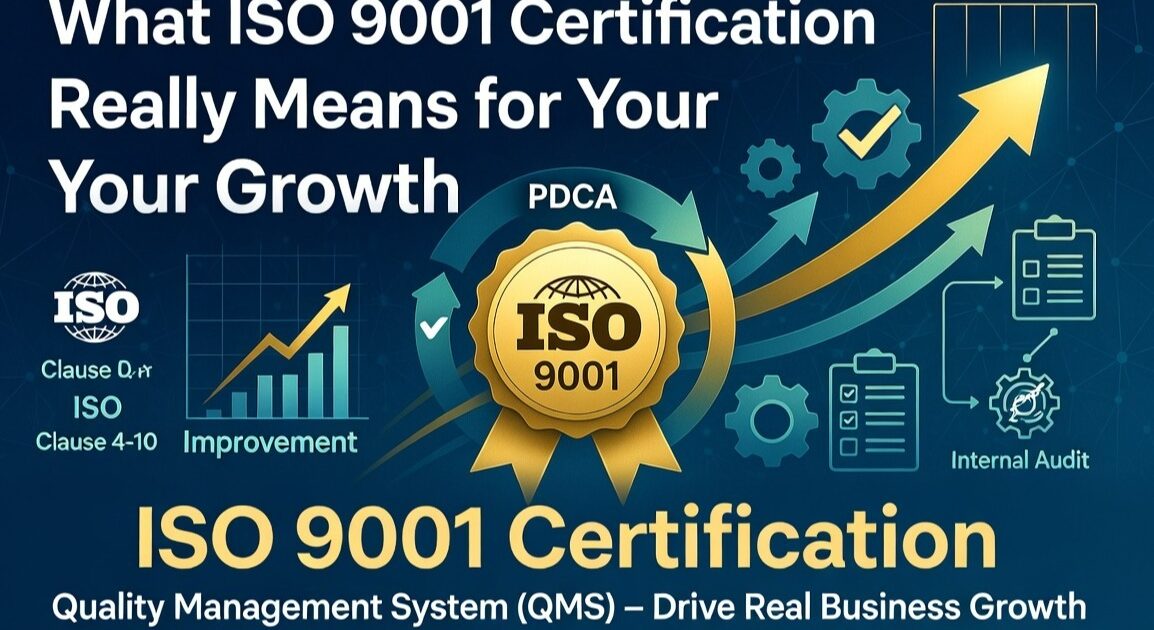 Digital banner for PECB Certified ISO 9001 Training Courses by A&T Global IT Consulting. The graphic highlights Quality Management System (QMS) frameworks, featuring elements like the PDCA cycle, continuous improvement graphs, internal audit checklists, and corporate growth imagery on a tech-themed blue and gold background.