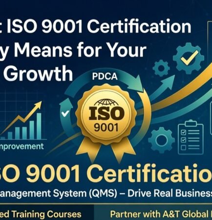 Digital banner for PECB Certified ISO 9001 Training Courses by A&T Global IT Consulting. The graphic highlights Quality Management System (QMS) frameworks, featuring elements like the PDCA cycle, continuous improvement graphs, internal audit checklists, and corporate growth imagery on a tech-themed blue and gold background.
