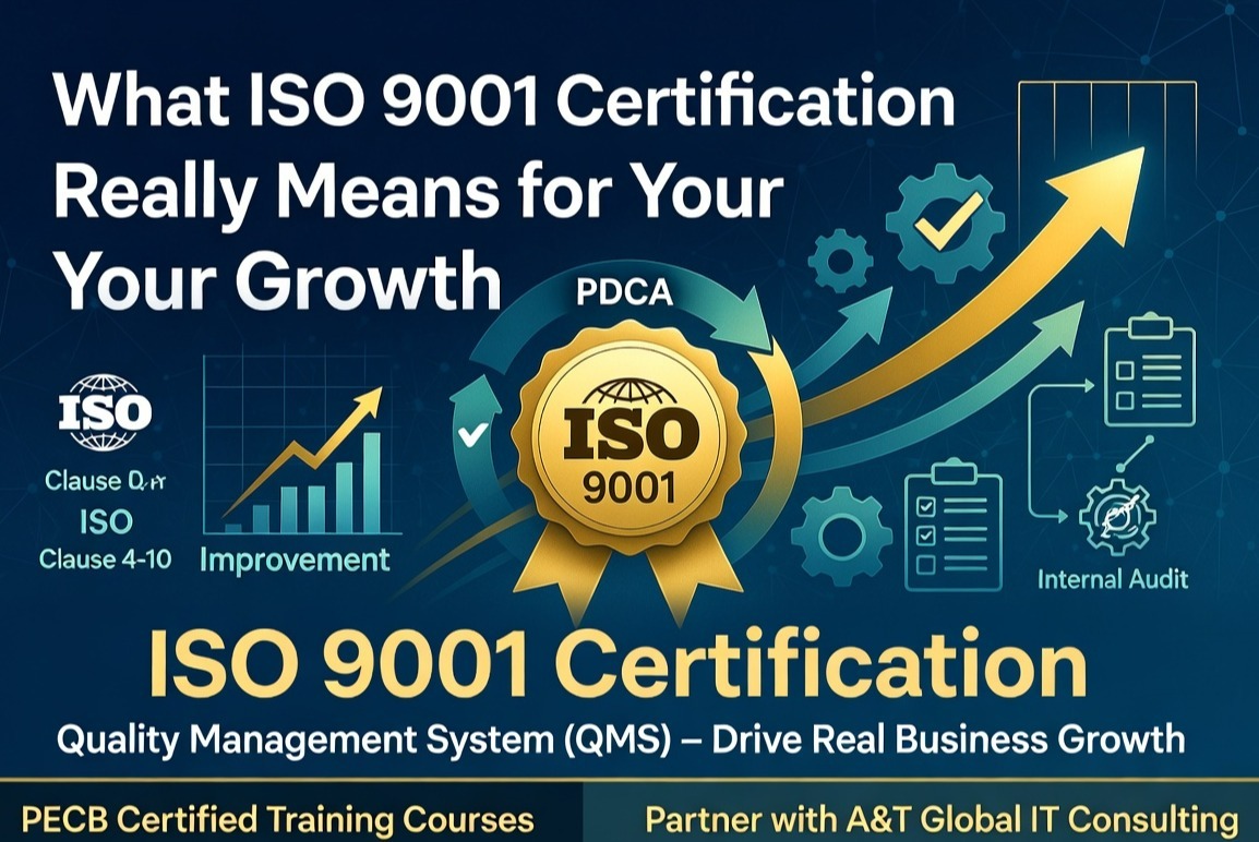 Digital banner for PECB Certified ISO 9001 Training Courses by A&T Global IT Consulting. The graphic highlights Quality Management System (QMS) frameworks, featuring elements like the PDCA cycle, continuous improvement graphs, internal audit checklists, and corporate growth imagery on a tech-themed blue and gold background.