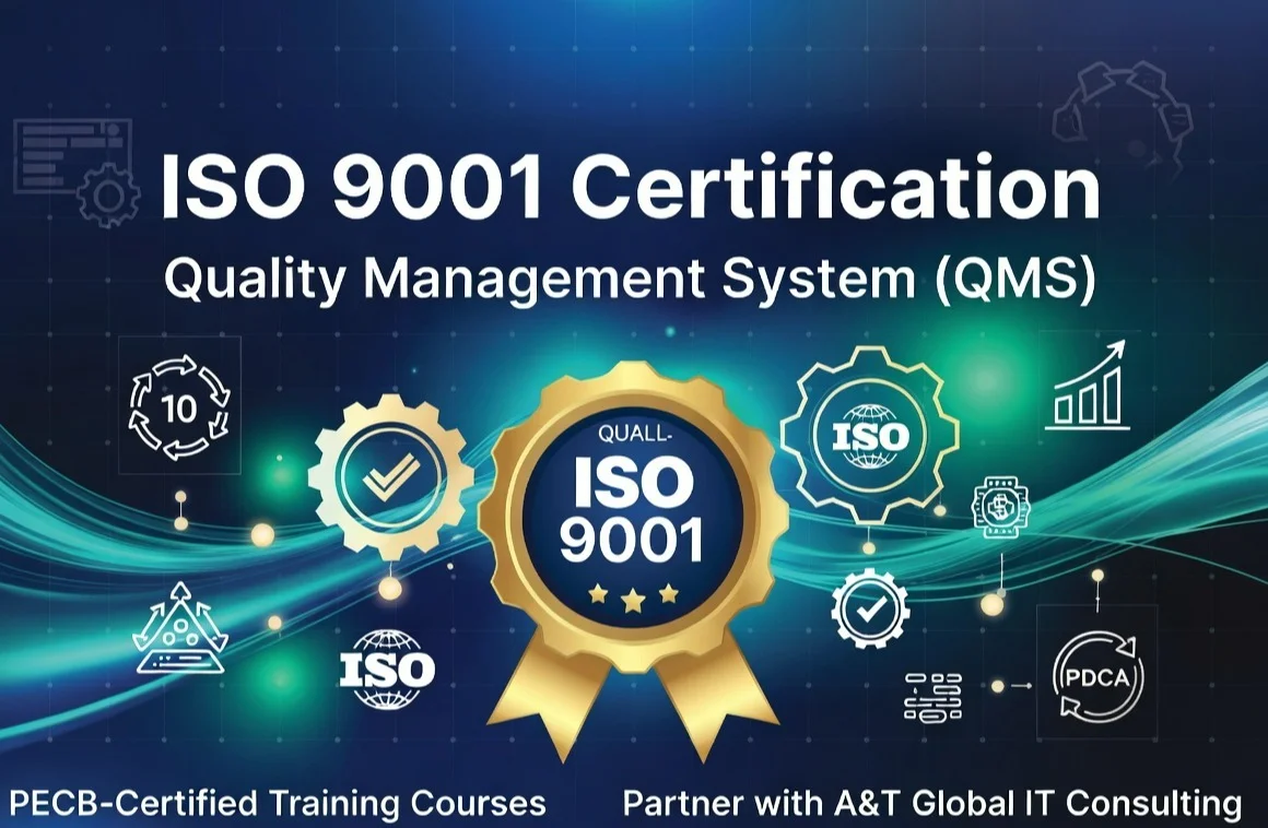 Marketing banner for PECB-Certified ISO 9001 Training Courses offered by A&T Global IT Consulting. The visual layout highlights Quality Management System (QMS) frameworks, featuring standard compliance graphics, a continuous improvement PDCA icon, and operational excellence symbols against a professional corporate blue backdrop.