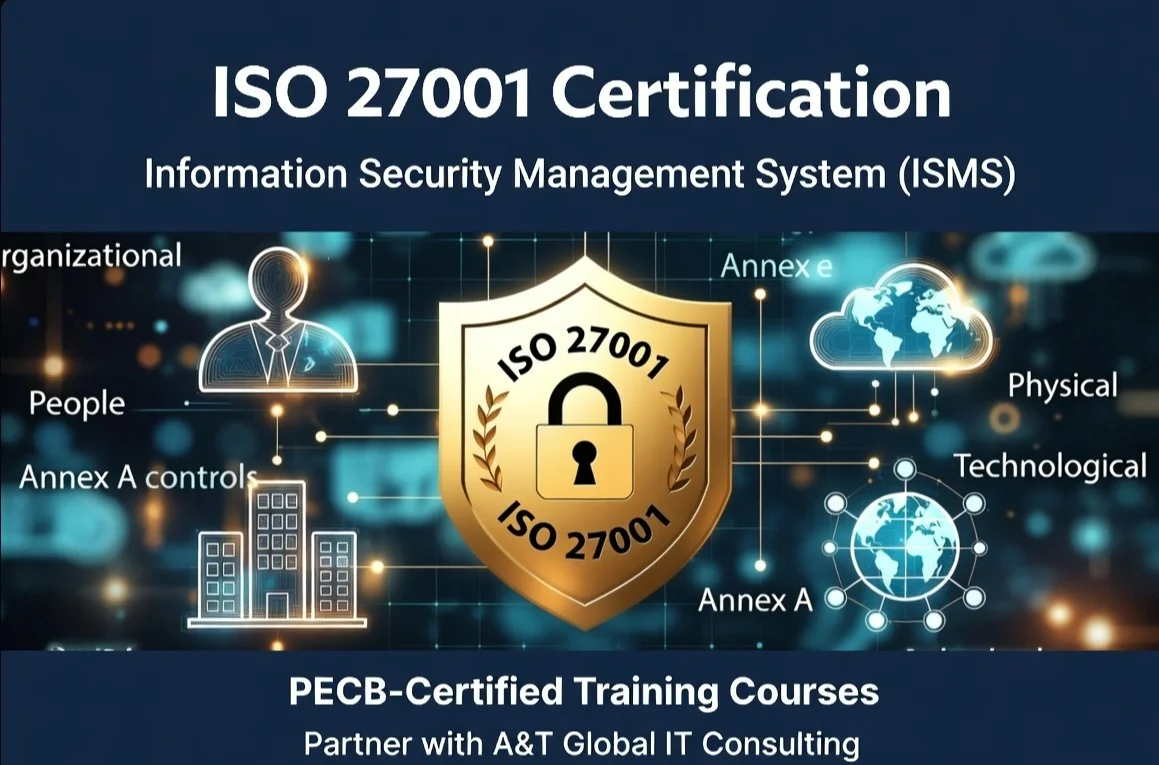 A promotional banner for ISO 27001 certification PECB-certified training courses by A&T Global IT Consulting. The design features a prominent golden shield with a padlock icon in the center, surrounded by digital tech graphics representing information security management system (ISMS) elements like "People," "Organizational," "Physical," "Technological," and "Annex A controls."