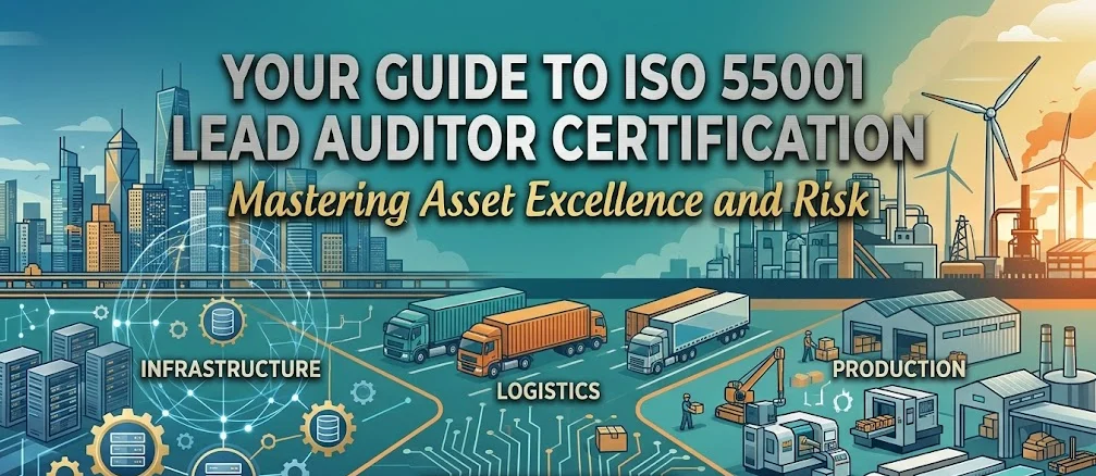 ISO 55001 Lead Auditor Certification guide cover image by A&T Global IT Consulting, illustrating asset excellence across infrastructure, logistics, and production.