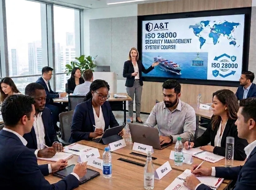 An instructor at A&T Global Consulting presents the ISO 28000 Supply Chain Risk Assessment Framework on a whiteboard to corporate professionals.