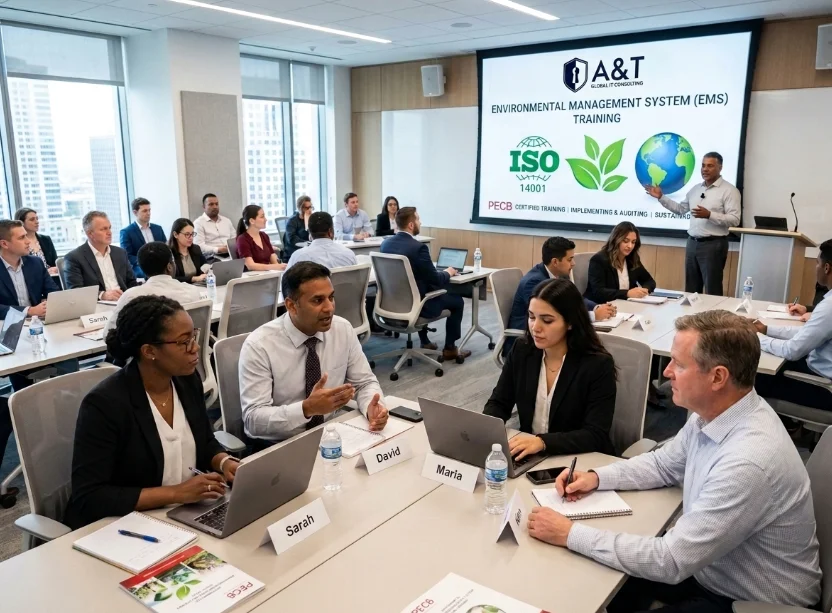Corporate professionals collaborating in small groups during a live A&T ISO 14001 Environmental Management System training seminar.